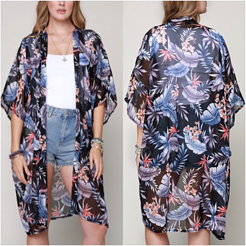 Chiffon Tropical Kimono Cardi Wrap Coverup O/S - Picture 2 of 6